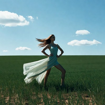 Model poses in green field with blue sky