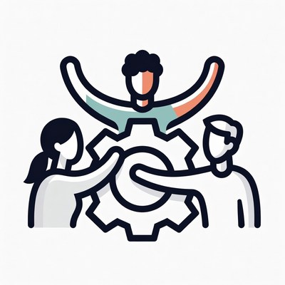 Teamwork around a gear symbol