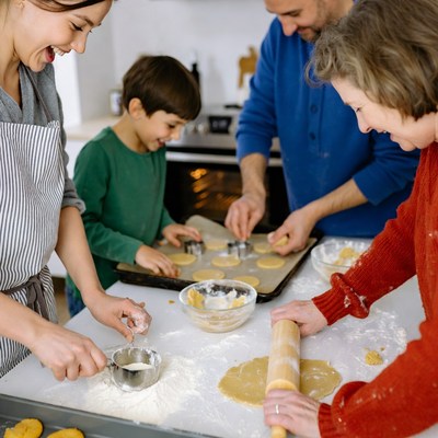 Family baking cookies together in kitchen