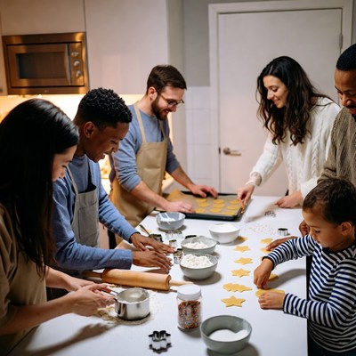 Family baking cookies together in kitchen