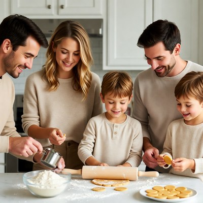 Family enjoys cookie baking together in kitchen