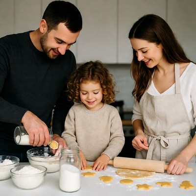 Family making cookies in kitchen