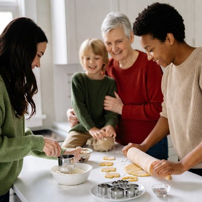 Family baking cookies together in the kitchen
