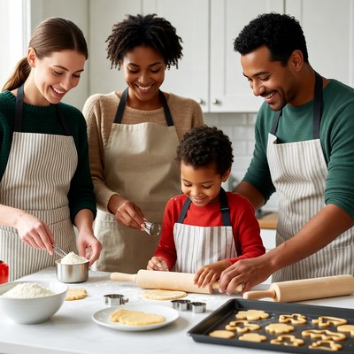 Family baking cookies together in kitchen