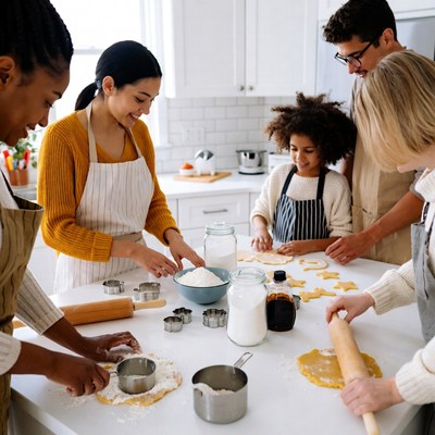 Families baking cookies in kitchen together