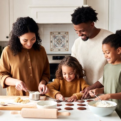 Family baking cookies in the kitchen