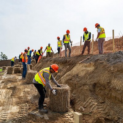Workers build erosion barrier with straw