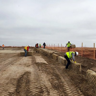 Workers arranging straw bales for construction