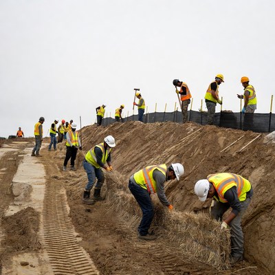 Workers build earth embankment in construction