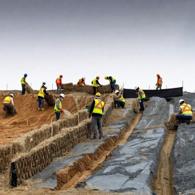 Workers build erosion control barriers