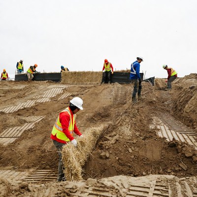Workers prepare soil for planting