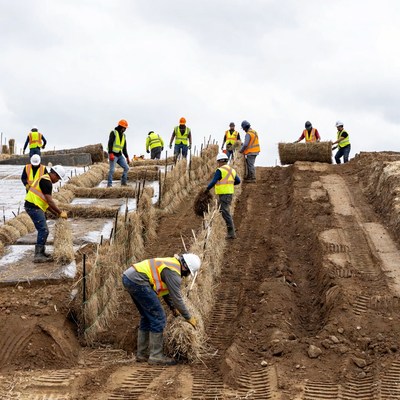 Workers place straw on slopes
