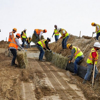 Workers laying straw on construction site