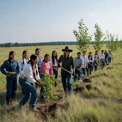 Group plants trees in open field