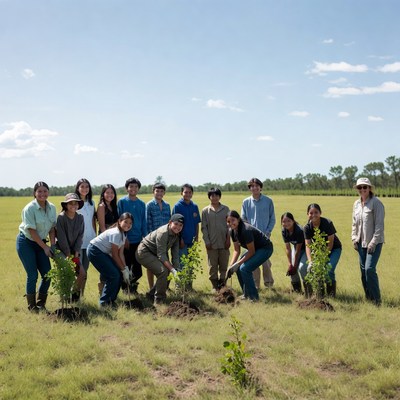 Group planting trees in open field