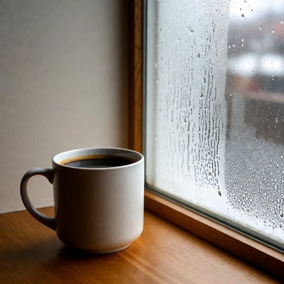 Hot coffee near a rainy window