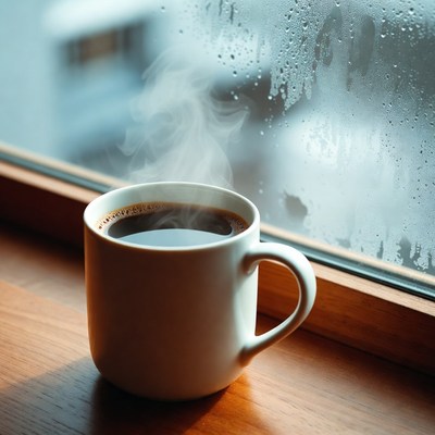 Warm coffee by the window on a rainy day