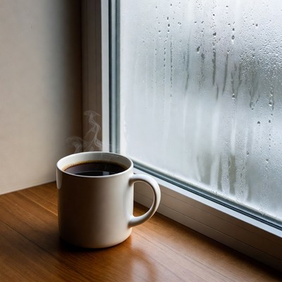 Warm cup near foggy window