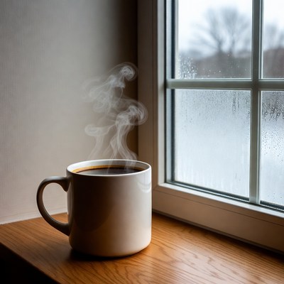 Warm coffee near window in winter