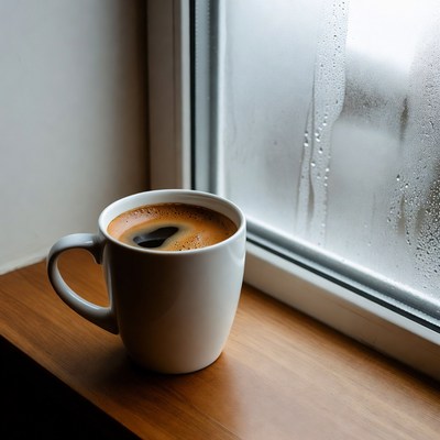 Coffee cup on window sill