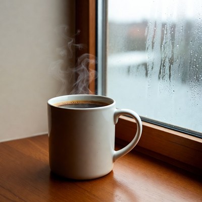 Coffee cup by the window on rainy day