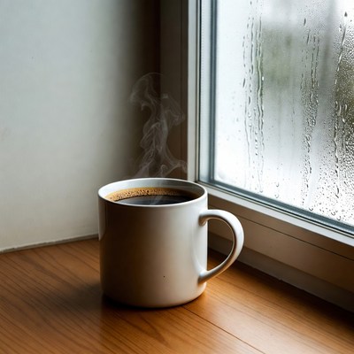 Coffee cup beside rainy window