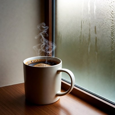 Coffee cup with steam by window