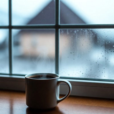 Steaming cup near rainy window