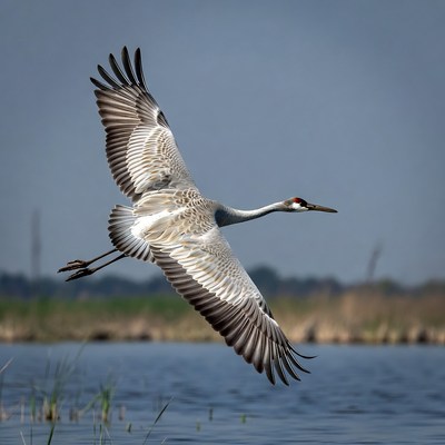 Bird flying over water at sunset