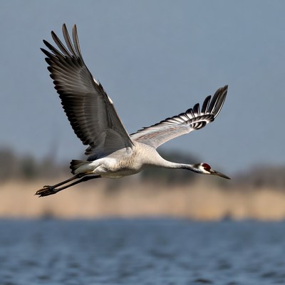 Cranes flying over water