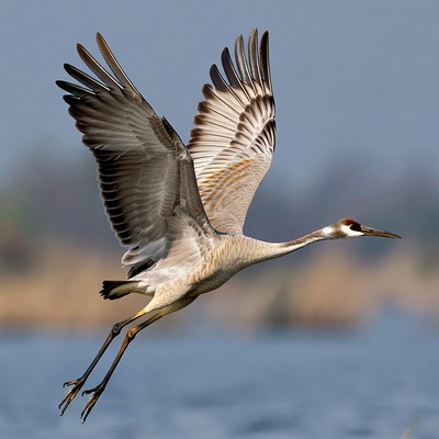 Crane begins to take flight over water