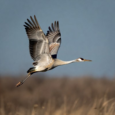 Crane in flight over grassland