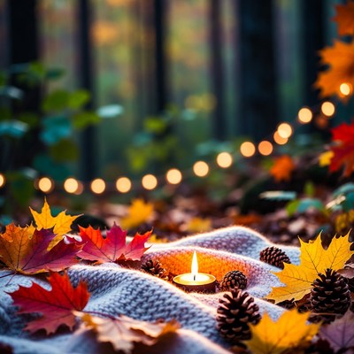 Candlelight in autumn leaves