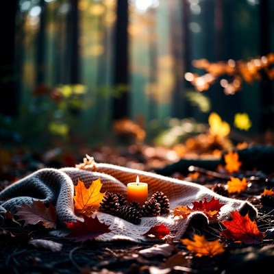 Candle on blanket in autumn forest