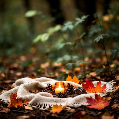 Candle and leaves in forest setting