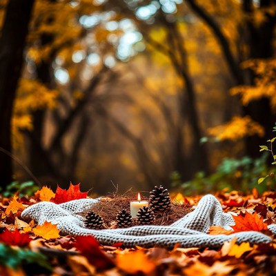 Candle surrounded by autumn leaves