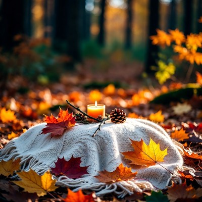 Candle on blanket among autumn leaves