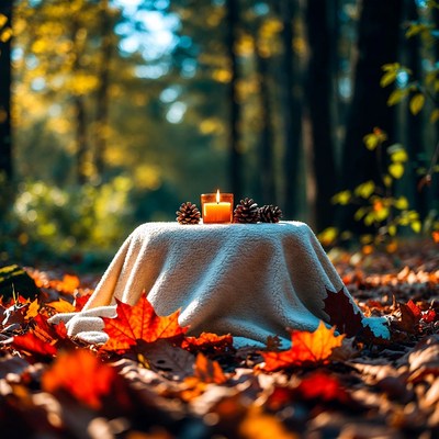 Candle and pinecones in forest