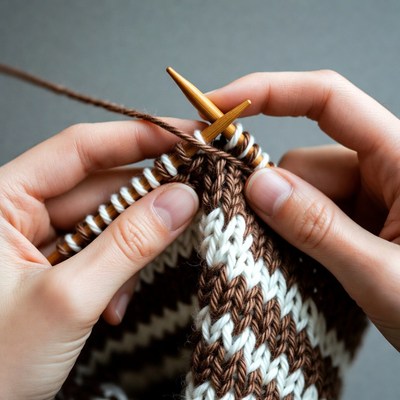 Hands knitting brown and white yarn