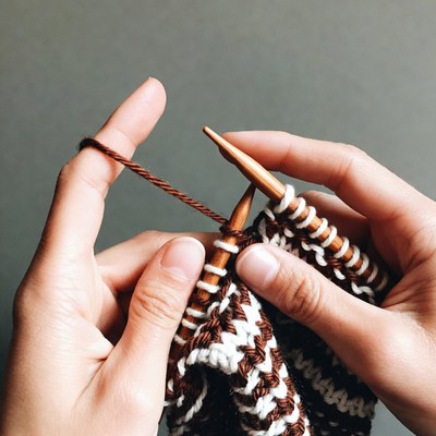 Hands knitting with wooden needles