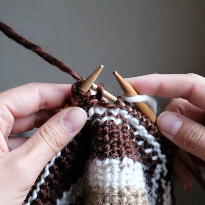 Two hands knit with wooden needles