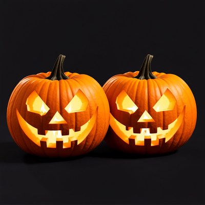 Two carved pumpkins on halloween night