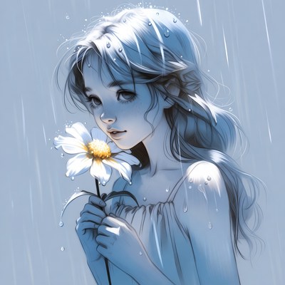 Girl holding flower in rain