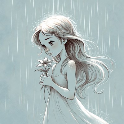 Girl holding flower in rain