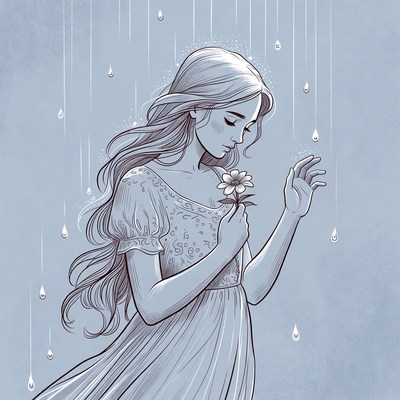 Girl holding flower in rain