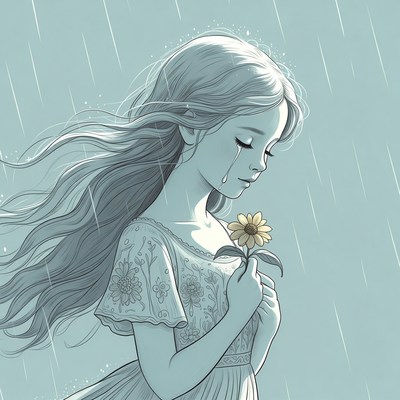 Girl holding flower in rain