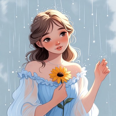 Girl holding flower in rain