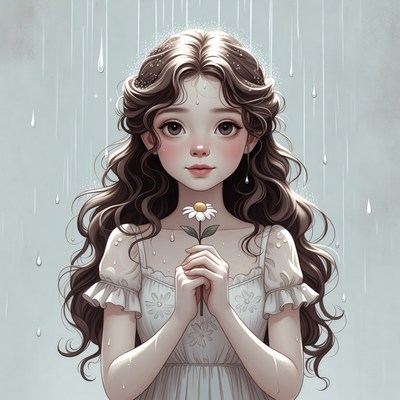 Girl holding flower in rain