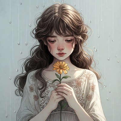 Girl holding flower in rain