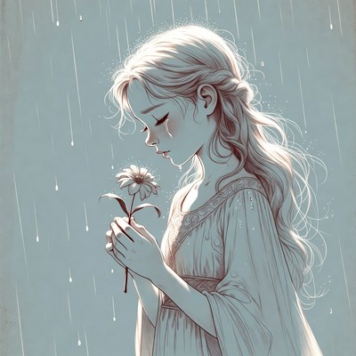 Girl holding flower in the rain